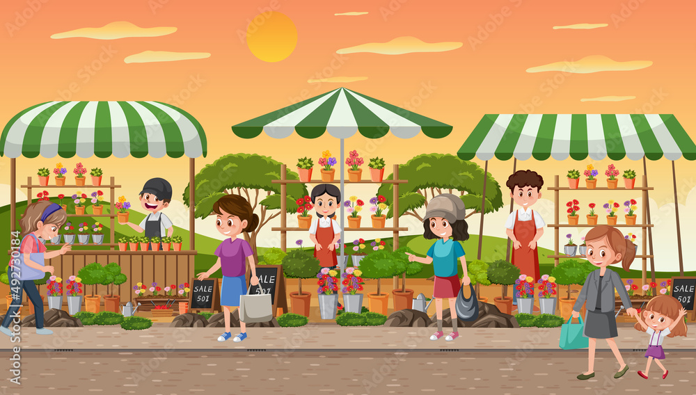 Flea market scene in cartoon style Flea market scene in cartoon style
