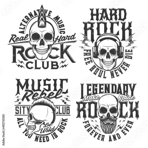 Rock music t-shirt prints, hard rock club skull emblems with punk haircut and beard. Hard rock music club badges with skull in headphones and slogans Make noise and Be Wild in electric sound lightning