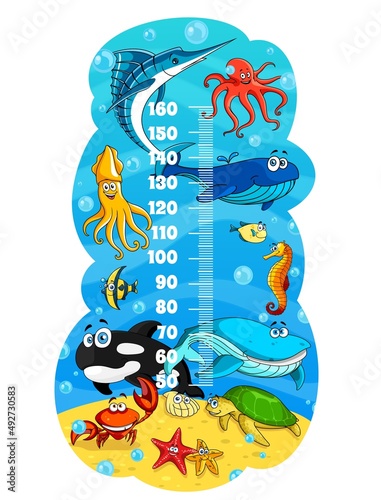Kids height chart, cartoon sea animals. Growth measure meter. Wall sticker with scale with cute vector whale, fugu and angel fish, octopus, blue marlin, squid and crab, turtle on ocean bottom