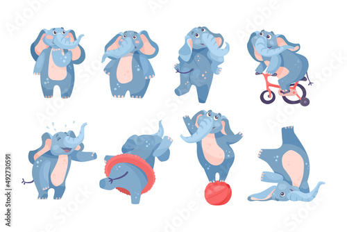 Funny elephant doing tricks cartoon illustration set. Cute baby elephant with long trunk performing, standing on balloon, riding bike, laughing and standing on head, dancing. Animal, circus concept