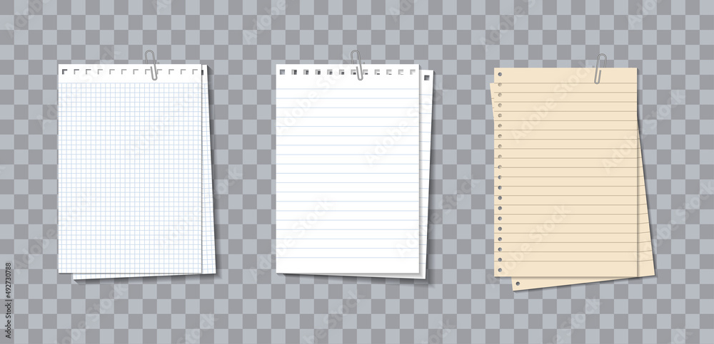 Note memo paper. Different notebook sheets with clip. Notepaper with lines and grid. Piece of paper of notepad for note, notice and text. Realistic sheets isolated on transparent background. Vector Note memo paper. Different notebook sheets with clip. Notepaper with lines and grid. Piece of paper of notepad for note, notice and text. Realistic sheets isolated on transparent background. Vector