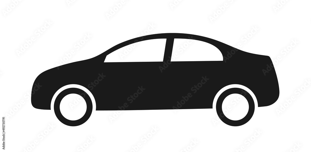 Car icon. Sedan automobile silhouette. Black pictogram symbol of auto. Simple modern icon isolated on white background. Vehicle flat illustration. Vector