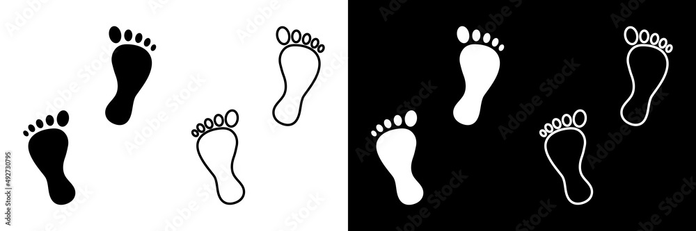 Human footprint. Line footprint icons isolated on white and black background. Foot of human. Silhouette of baby bare foot. Icon of step of people. Vector Human footprint. Line footprint icons isolated on white and black background. Foot of human. Silhouette of baby bare foot. Icon of step of people. Vector