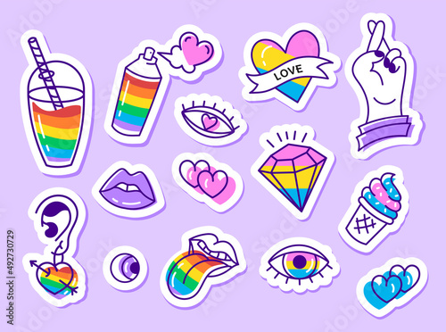 A set of LGBT community doodle stickers.Rainbow, abstraction,hand, sweets, hearts. Sticker pack, badges, patches.