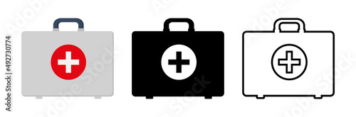 First aid kit. First aid kit icons. Doctor box outline icons. Medical bag with pharmacy for emergency. Suitcase of medic with cross. Concept health and medicine. Ambulance and hospital. Vector