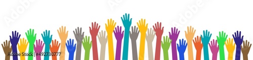 Colors hand up. hands of people. Help of volunteer. Concept of children together, united and community. Social meeting, election and teamwork. Vector