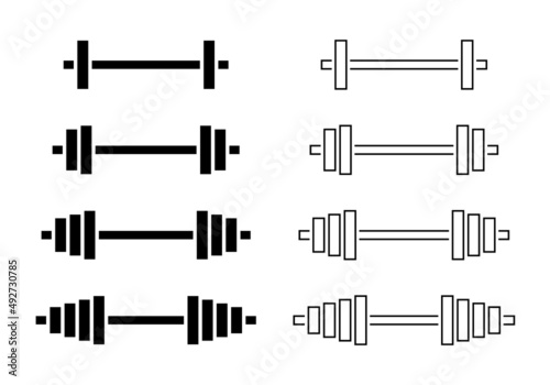 Barbell icon. Barbell icons isolated on white background. Dumbbell for gym and training. Logos of strength, fitness, gym and health. Lifting of weight. Line silhouettes for exercise. Vector