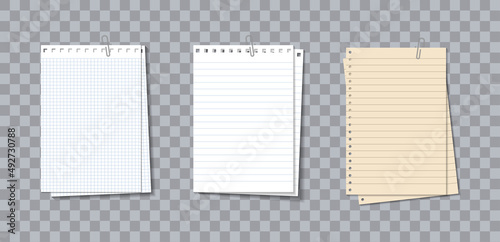 Note memo paper. Different notebook sheets with clip. Notepaper with lines and grid. Piece of paper of notepad for note, notice and text. Realistic sheets isolated on transparent background. Vector