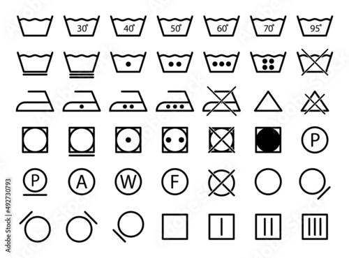 Laundry symbols. Laundry wash icons. Label for care of cloth. Set of pictogram symbols for wash machine and iron dry. Signs of instruction and warning for textile. Vector photo