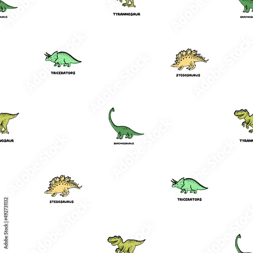 Cute dinosaur doodle seamless with brachiosaurus, triceratops, stegosaurus, tyrannosaurus. Funny Dino pattern collection. Textile background design for babies.