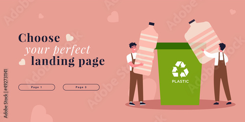 Volunteers putting plastic bottles into container together. Tiny people sorting garbage flat vector illustration. Protection of environment concept for banner, website design or landing web page