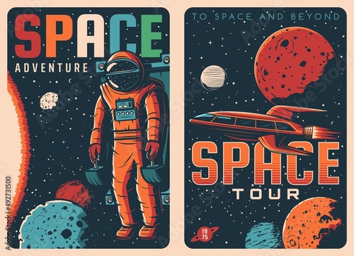 Fotografia Space travel tours retro posters, galaxy adventure spaceflight for spaceman in rocket shuttle