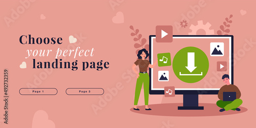 People uploading multimedia files via computer. Music, video available for download for tiny woman and man flat vector illustration. Torrent concept for banner, website design or landing web page
