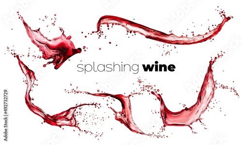 Red wine isolated splashes with drops, liquid alcohol drink swirl. Transparent vector waves, splashing swirls, aqua dynamic motion elements with spray droplets. Alco beverage ad realistic 3d design