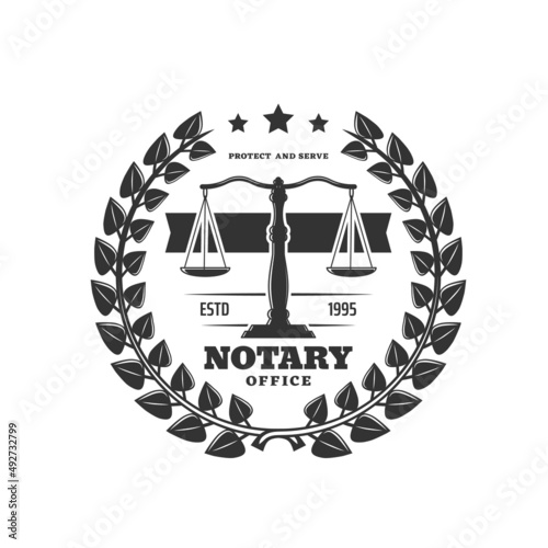 Notary office icon, notarial service vector emblem with scales, stars and laurel wreath. Law and justice, notarization, wills execution or regulation isolated monochrome label. Jurisprudence authority