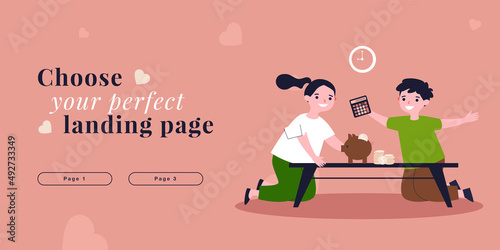 Kids saving pocket money coins in piggy bank. Happy girl and boy with moneybox flat vector illustration. Good financial habit, investment concept for banner, website design or landing web page