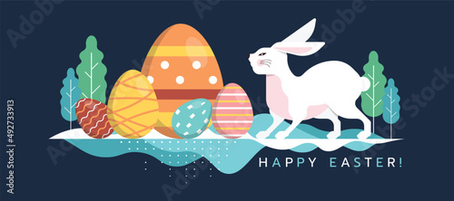 Happy easter day - A big white rabbit and big Easter eggs on abstract curve white blue ground vector design