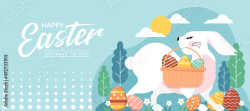 Happy easter day - A big white rabbit carries a basket with Easter eggs and Easter eggs on the ground vector design