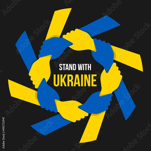 stand with ukraine text in blue and yellow hand hold hand circle around frame on black background vector design