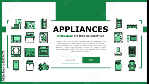 Appliances Domestic Equipment Landing Web Page Header Banner Template Vector. Washer And Dryer Machine, Refrigerator And Freezer, Air Conditioner And Cooling, Microwave And Ice Maker . Illustration