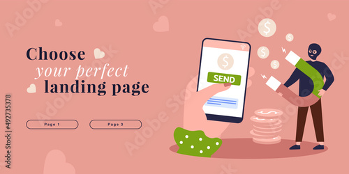 Hand sending money to scammer via mobile phone. Criminal swindler with magnet attracting money flat vector illustration. Online fraud, crime concept for banner, website design or landing web page