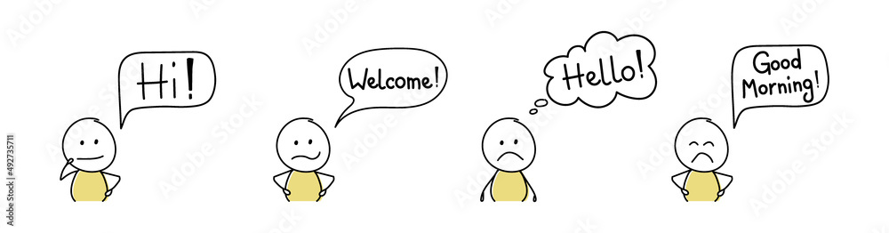 Sad stickman with speech bubble - welcome, hello, hi, good morning. Vector Sad stickman with speech bubble - welcome, hello, hi, good morning. Vector