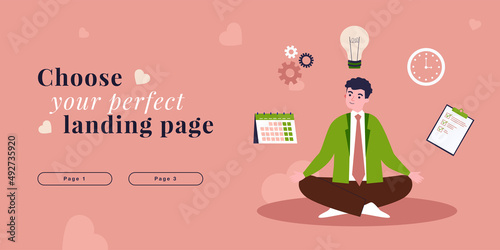 Meditation of multitasking businessman practicing yoga. Man sitting in lotus pose flat vector illustration. Business management, concentration concept for banner, website design or landing web page