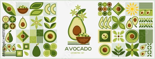 Set of design elements and logo with avocado in simple geometric style. Abstract shapes. Good for branding, decoration of food package, cover design, decorative home kitchen prints, background. photo