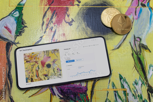 Sale concept of a Non Fungible Token on the NFT marketplace. Tracking the cost graph of a digital art object on  NFT marketplace.