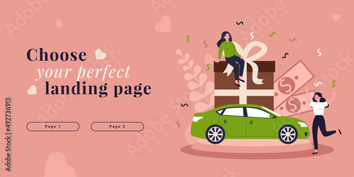 Happy customers enjoying new red car, money and gifts with bow. Tiny women receiving presents flat vector illustration. Purchase on sale, prize concept for banner, website design or landing web page