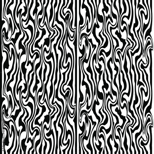 Abstract black and white pattern with zebra motifs.