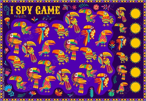 Cartoon mexican toucan birds on kids I spy game. Elementary school children puzzle with calculation activity. Children educational riddle game with tropical toucan birds and floral ornaments