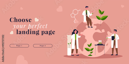 Scientists growing sprouts of plants in laboratory flasks. Environmental chemical research of people flat vector illustration. Ecology, science concept for banner, website design or landing web page