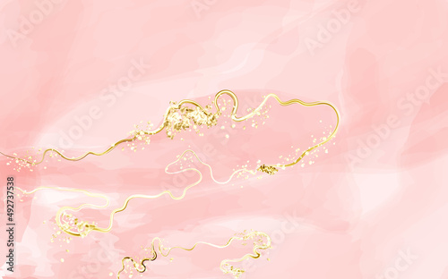 Blush fluid painting . Spring wedding invitation dusty rose or veil . Alcohol ink.Abstract pink or apricot watercolor background with golden texture.
