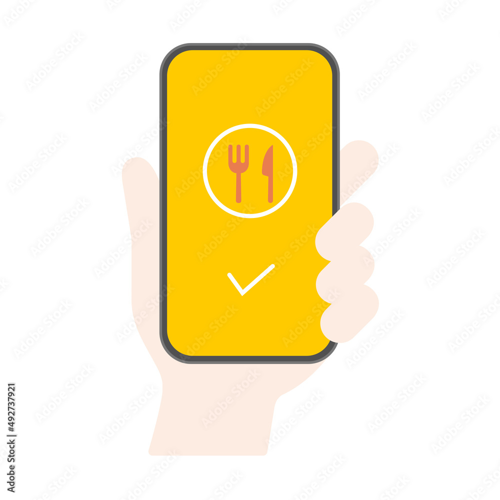 Hand holding smartphone, Food delivery app Hand holding smartphone, Food delivery app