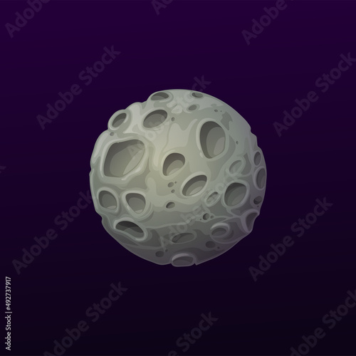 Space gray volcanic planet with craters. Galaxy sphere with potholed gray surface. Vector globe in alien universe. Ui game object, fantasy comet, meteor isolated astronomical object in deep space