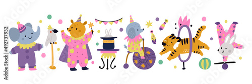 Festive  baby animals characters: illusionist, animal trainer, acrobat, clown. Cute circus animals in cartoon style isolated on white background. Vector set