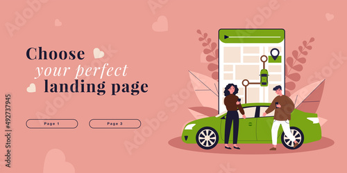 People holding smartphones with gps map. Tiny man and woman using mobile app for tracking car flat vector illustration. Navigation service concept for banner, website design or landing web page
