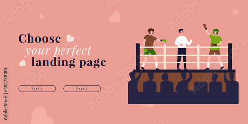 Referee announcing winner of match to audience. Happy boxer champion raising hand on boxing ring flat vector illustration. Victory, sports concept for banner, website design or landing web page