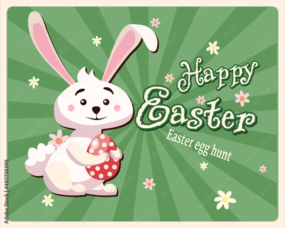 Retro Happy Easter poster. Greeting card with rabbit, bunny, egg. Vector illustration vintage Retro Happy Easter poster. Greeting card with rabbit, bunny, egg. Vector illustration vintage