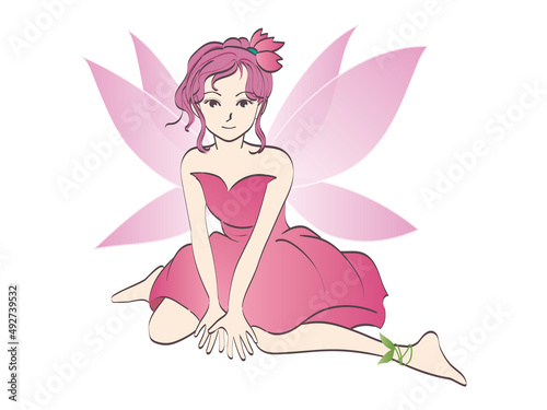 座っているピンク色の羽の妖精