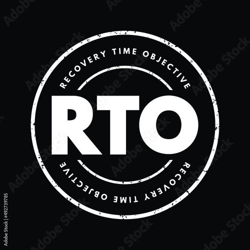 RTO Recovery Time Objective - amount of real time has to restore its processes at an acceptable service level after a disaster, acronym text stamp concept for presentations and reports