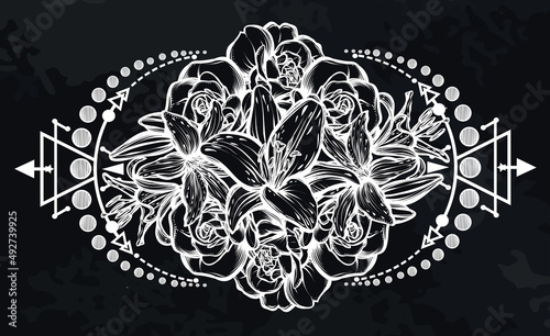 Botanical vector illustration, summer lilium and roses flowers, bouquet of flowers, romantic decoration, print, background chalkboard, Handmade