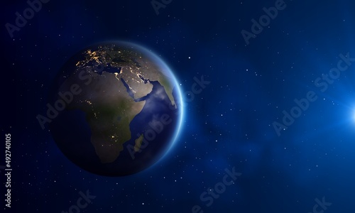 Fototapeta Naklejka Na Ścianę i Meble -  Night lighting Earth globe map 3d vector view from space. Realistic Europe, Africa map with city lights, glowing blue atmosphere and moon shine on background of universe outer space, astronomy science