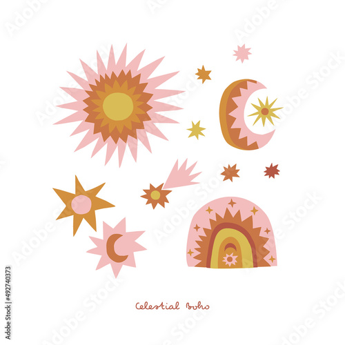 Celestial boho whimsy sun crescent rainbow stars vector illustration set isolated on white. Scandinavian decorative childish day and night print collection for kids tee print or nursery decor.
