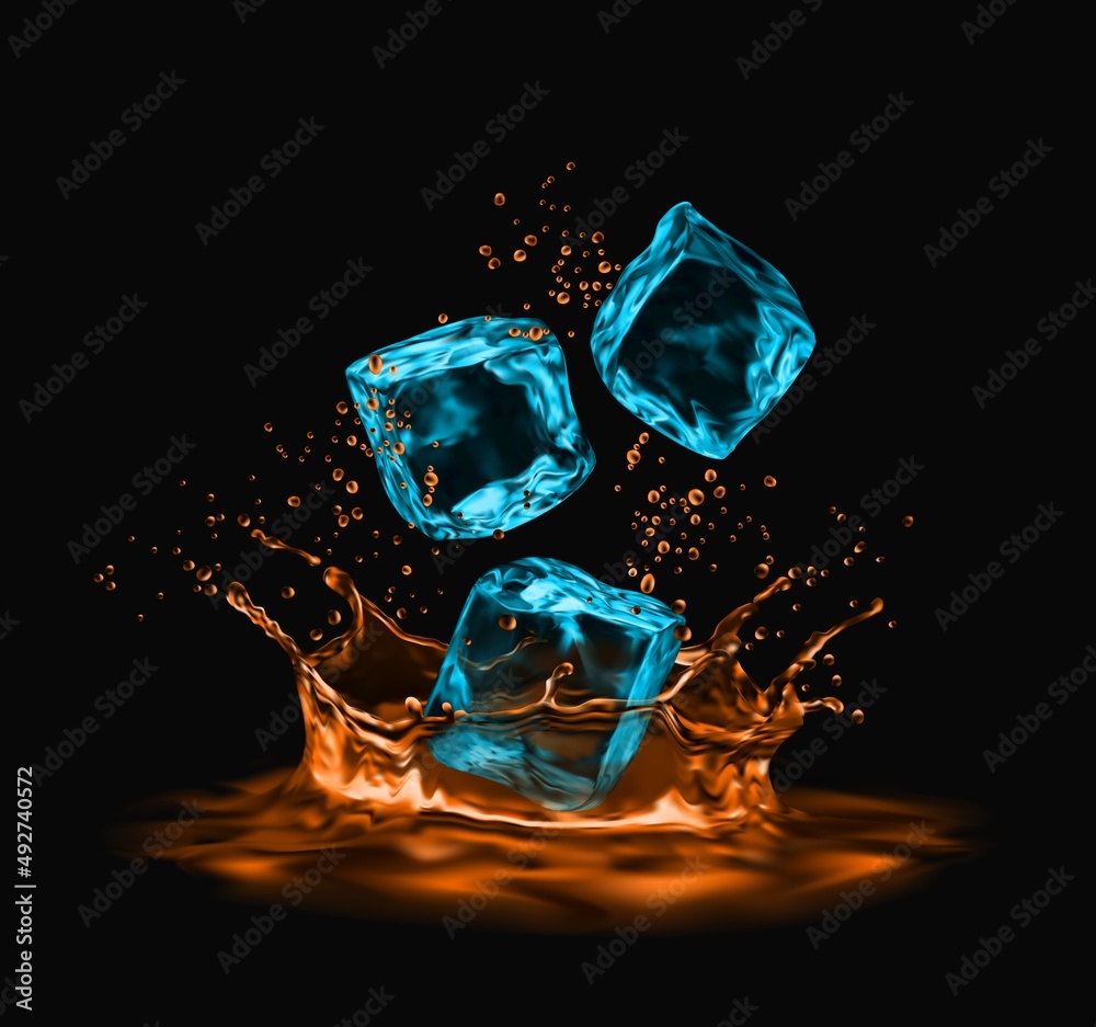 Realistic ice cubes and whiskey corona splash with splatters, vector ...