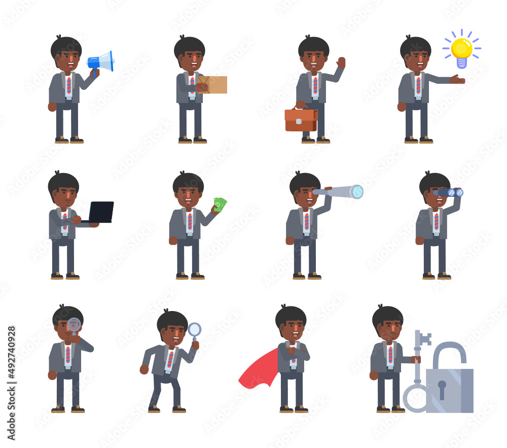 Set of businessman characters in various situations. Man holding loudspeaker, package box, spyglass, magnifier, money and other actions. Modern vector illustration