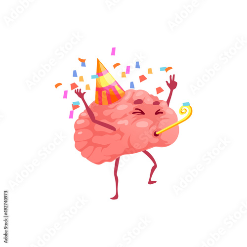 Happy brain character with cone shape hat celebrating birthday party isolated cheerful emoticon. Vector creative brains celebrate wedding, anniversary. Dancing and blowing brain, party time, fireworks