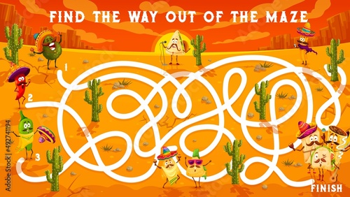 Labyrinth maze kids game, cartoon funny mexican food characters in desert. Vector boardgame with tangled path, cartoon mariachi tex mex snacks, start, finish and cacti. Educational riddle worksheet