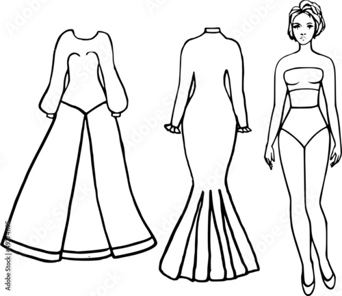 Dress for the doll. Black and white sketch of a fashionable ball gown and fish dress